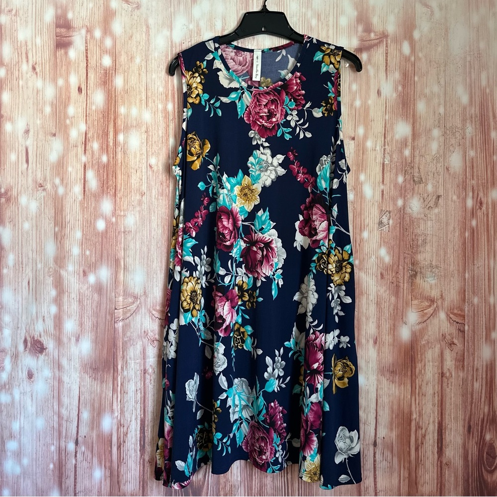 Vanilla Bay Navy Blue Bright Floral Print Swing Tank Dress